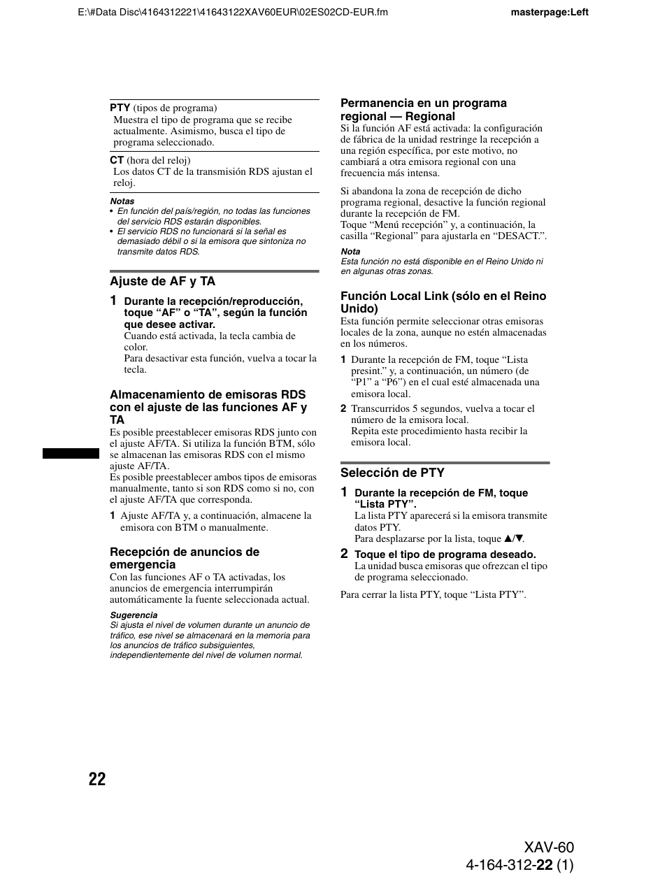 Ajuste de af y ta, Selección de pty, Ajuste de af y ta selección de pty | Sony XAV-60 User Manual | Page 80 / 188