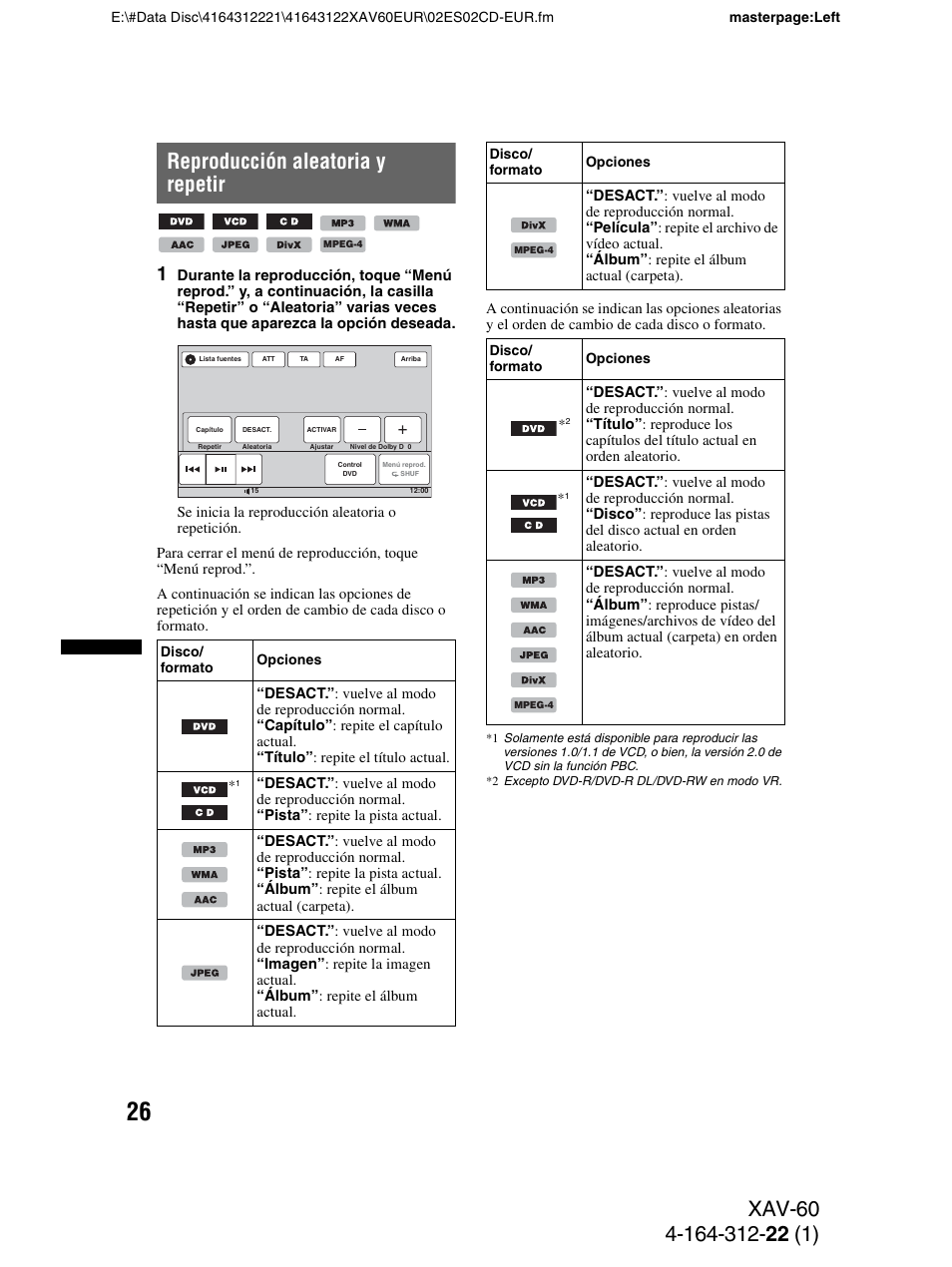 Reproducción aleatoria y repetir | Sony XAV-60 User Manual | Page 84 / 188