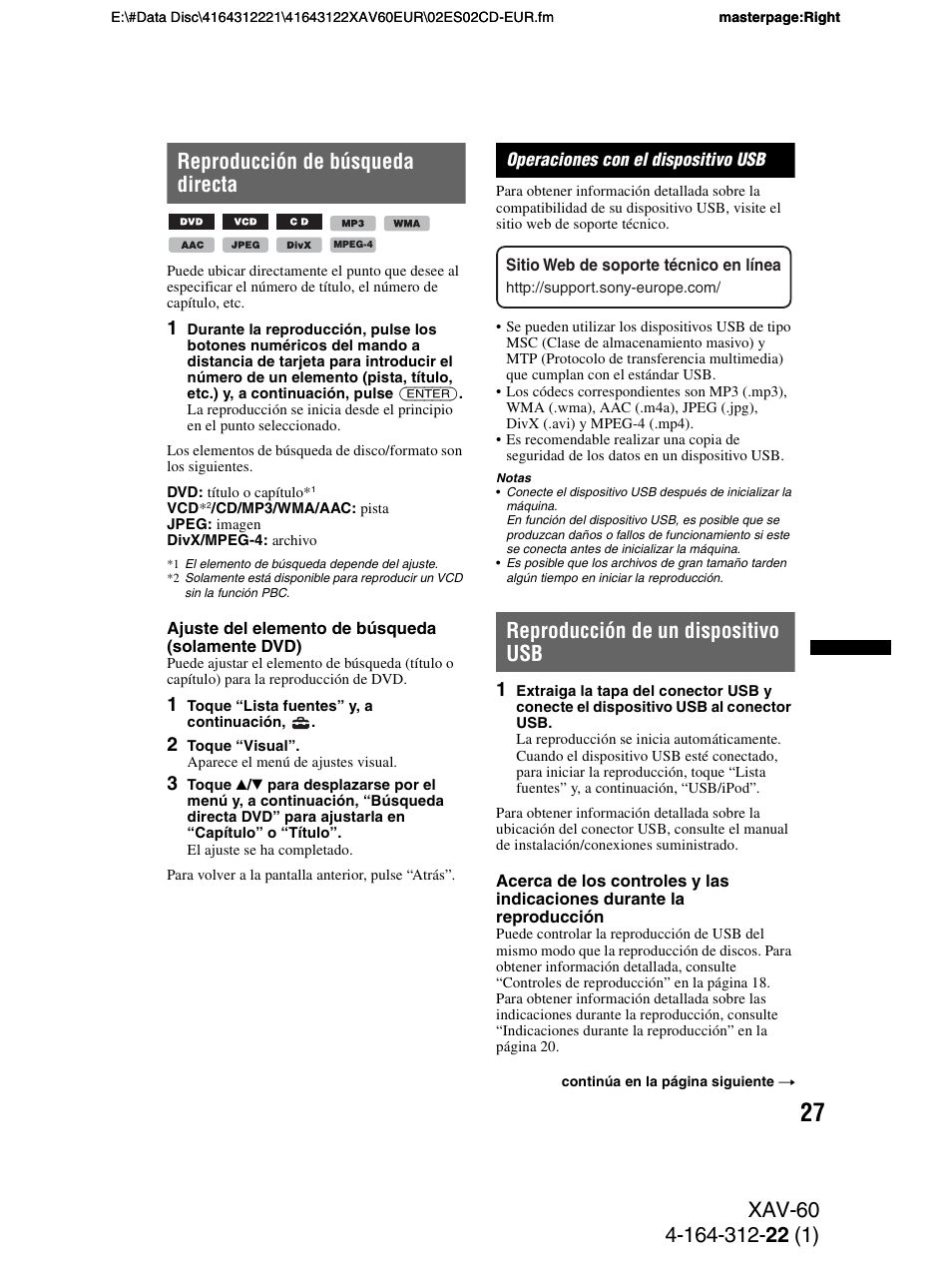 Reproducción de búsqueda directa, Operaciones con el dispositivo usb, Reproducción de un dispositivo usb | Sony XAV-60 User Manual | Page 85 / 188