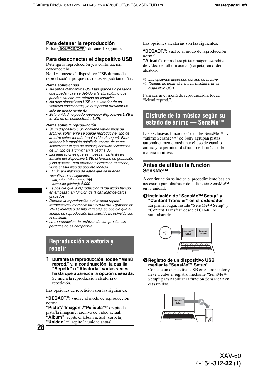 Reproducción aleatoria y repetir, Antes de utilizar la función sensme | Sony XAV-60 User Manual | Page 86 / 188