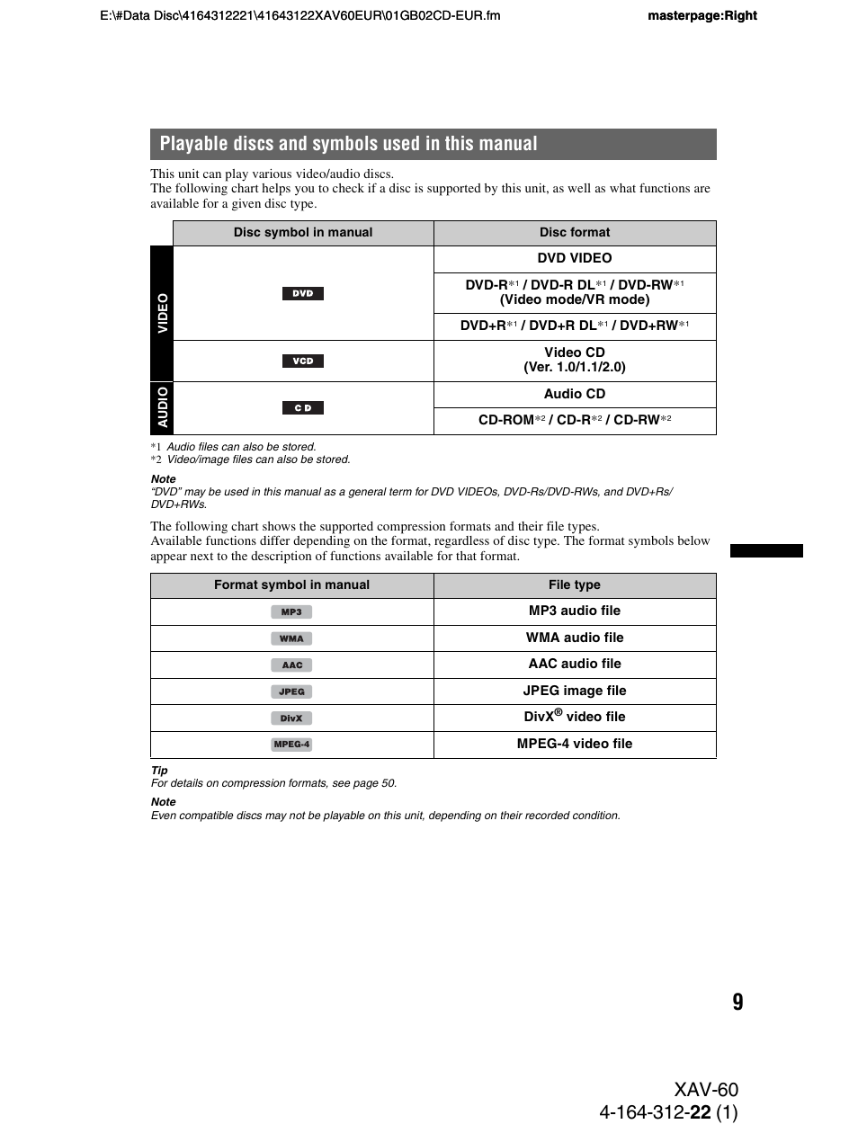 Playable discs and symbols used in this manual | Sony XAV-60 User Manual | Page 9 / 188