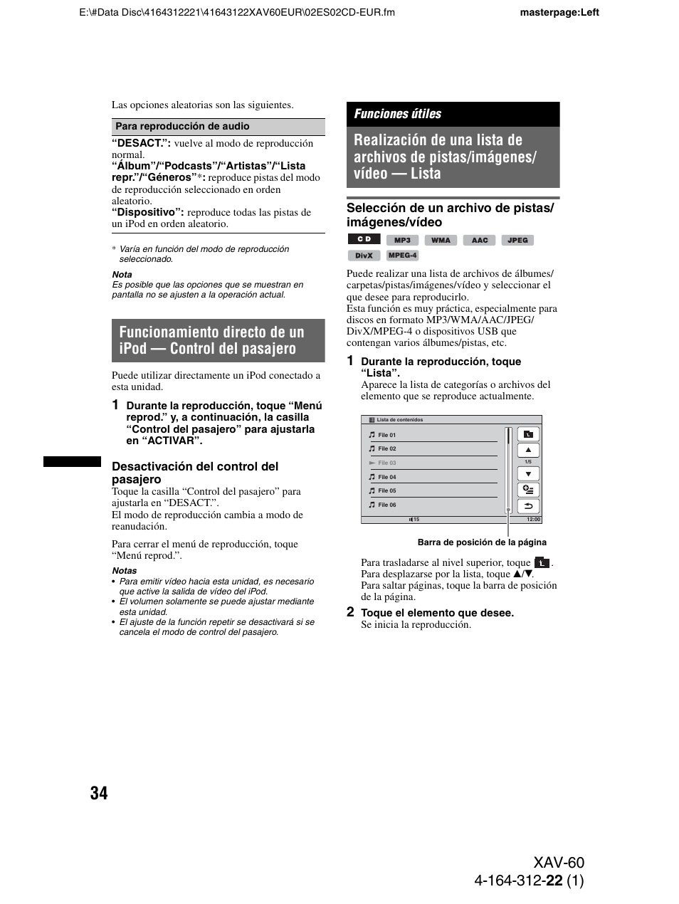 Funciones útiles, Selección de un archivo de pistas/ imágenes/vídeo | Sony XAV-60 User Manual | Page 92 / 188