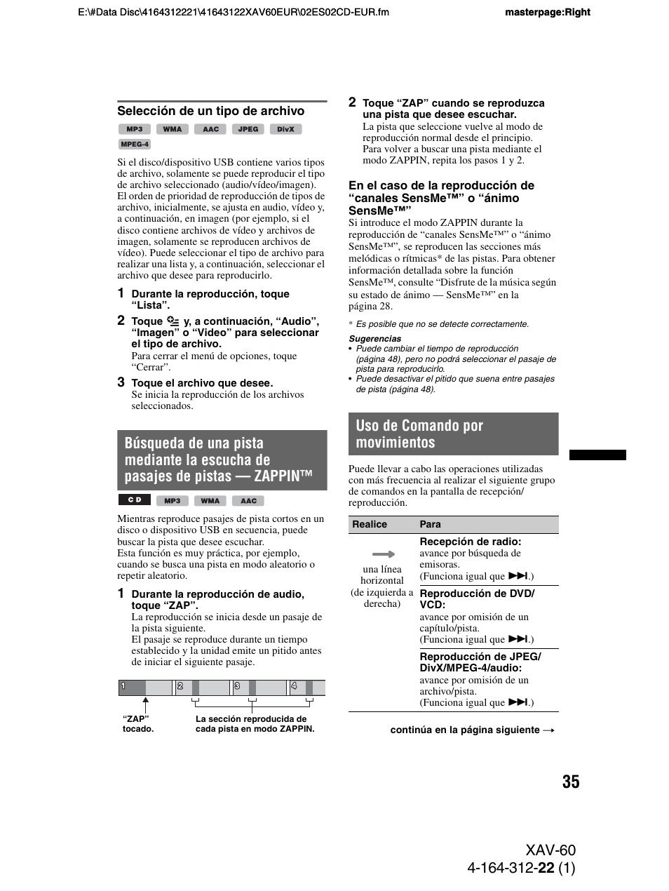 Selección de un tipo de archivo, Uso de comando por movimientos | Sony XAV-60 User Manual | Page 93 / 188