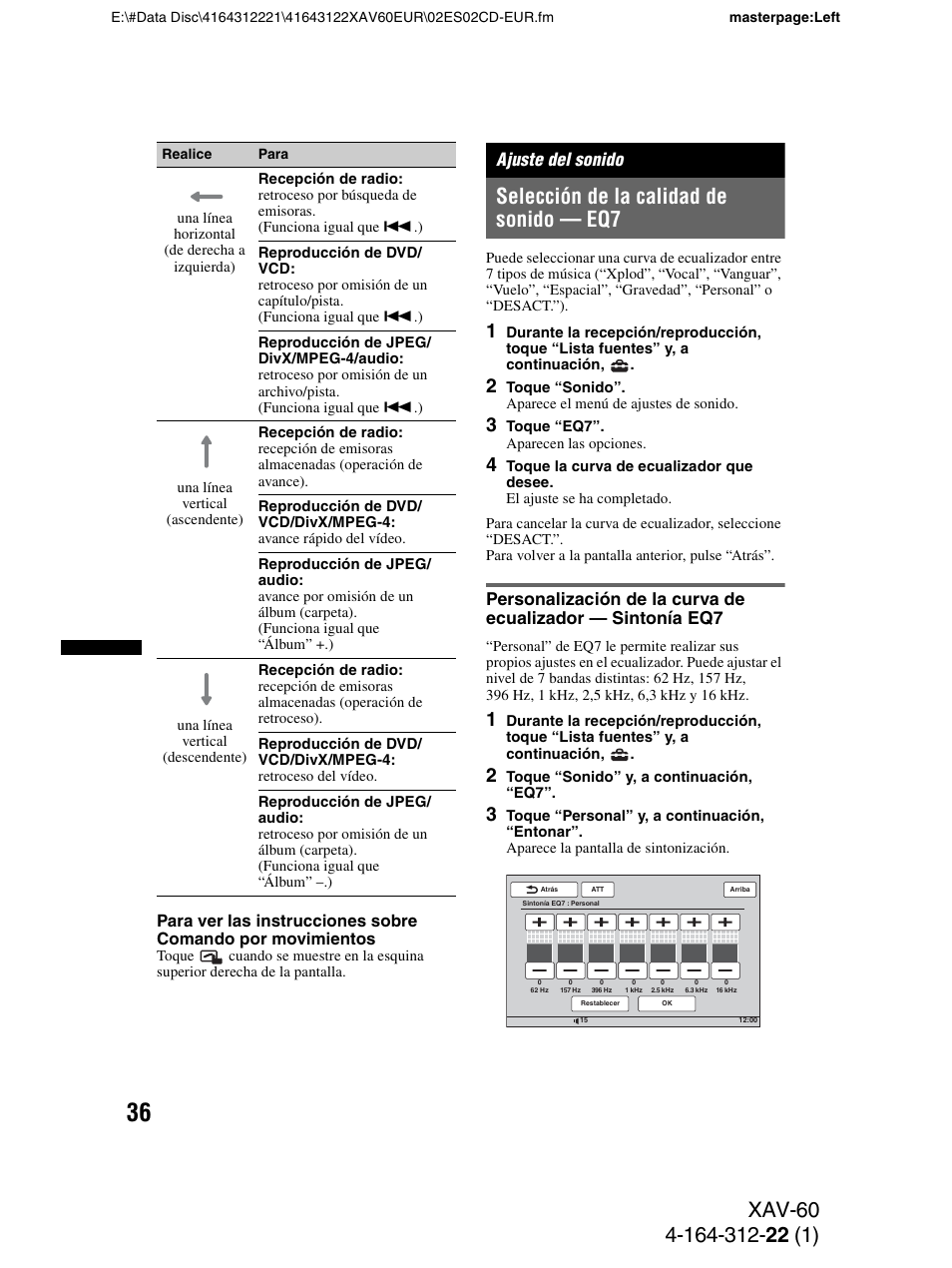 Ajuste del sonido, Selección de la calidad de sonido - eq7, Selección de la calidad de sonido — eq7 | Sony XAV-60 User Manual | Page 94 / 188