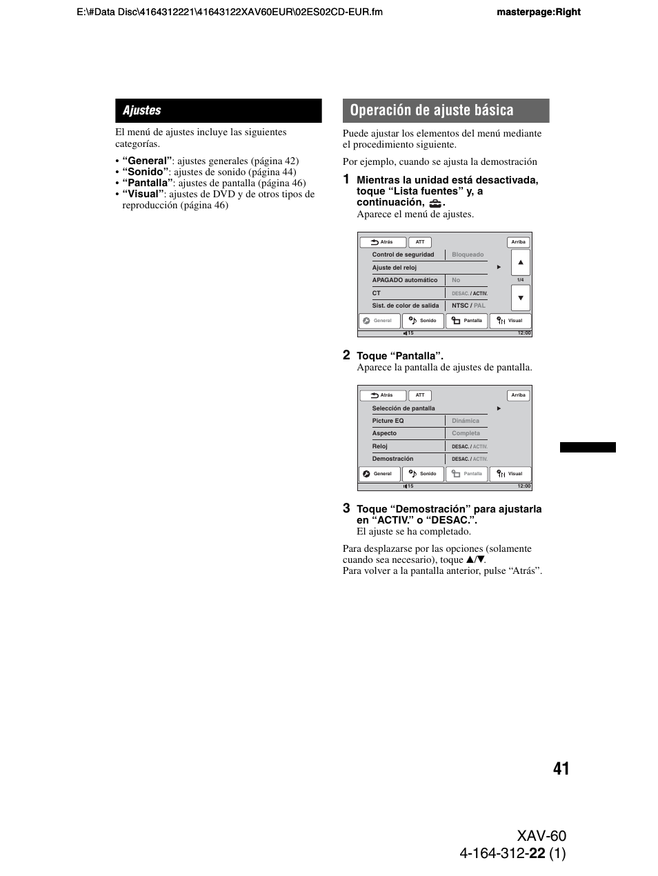 Ajustes, Operación de ajuste básica | Sony XAV-60 User Manual | Page 99 / 188