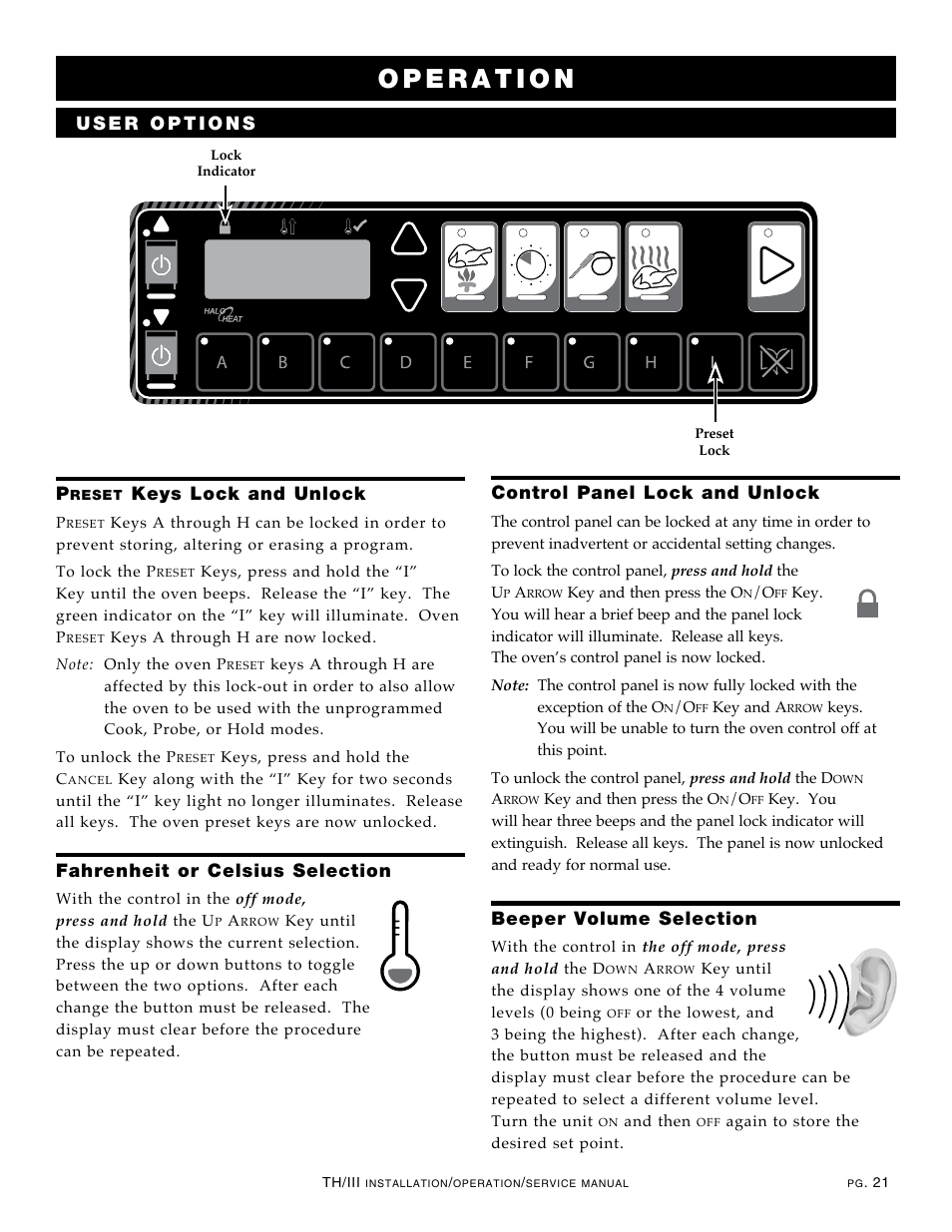 Keys lock and unlock, Fahrenheit or celsius selection, Control panel lock and unlock | Beeper volume selection | Alto-Shaam Cook & Hold Oven Electronic Control 1000-TH/III User Manual | Page 23 / 49