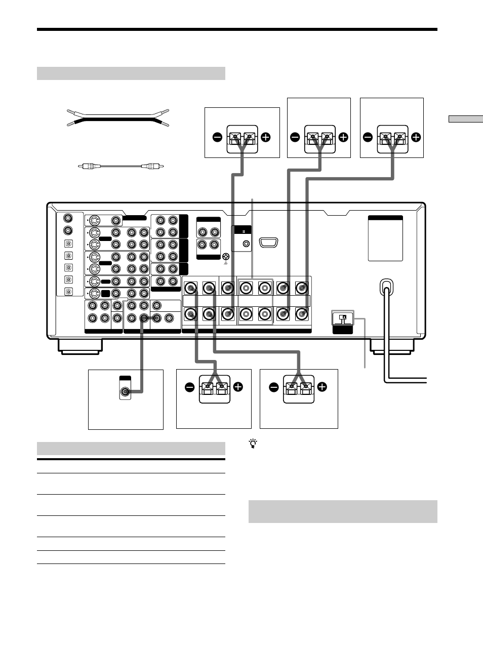 Conexión del sistema de altavoces, Terminales para conexión de los altavoces, Cables requeridos | Notas sobre la conexión del sistema de altavoces, Conexión y configuración del sistema de altavoces, Conecte a, Cables para altavoces (no suministrados), Cable de audio monoaural (no suministrados) | Sony TA-VA777ES User Manual | Page 69 / 228