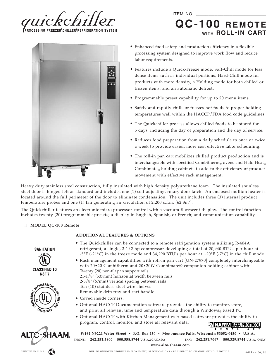 Alto-Shaam QC-100 REMOTE User Manual | 2 pages