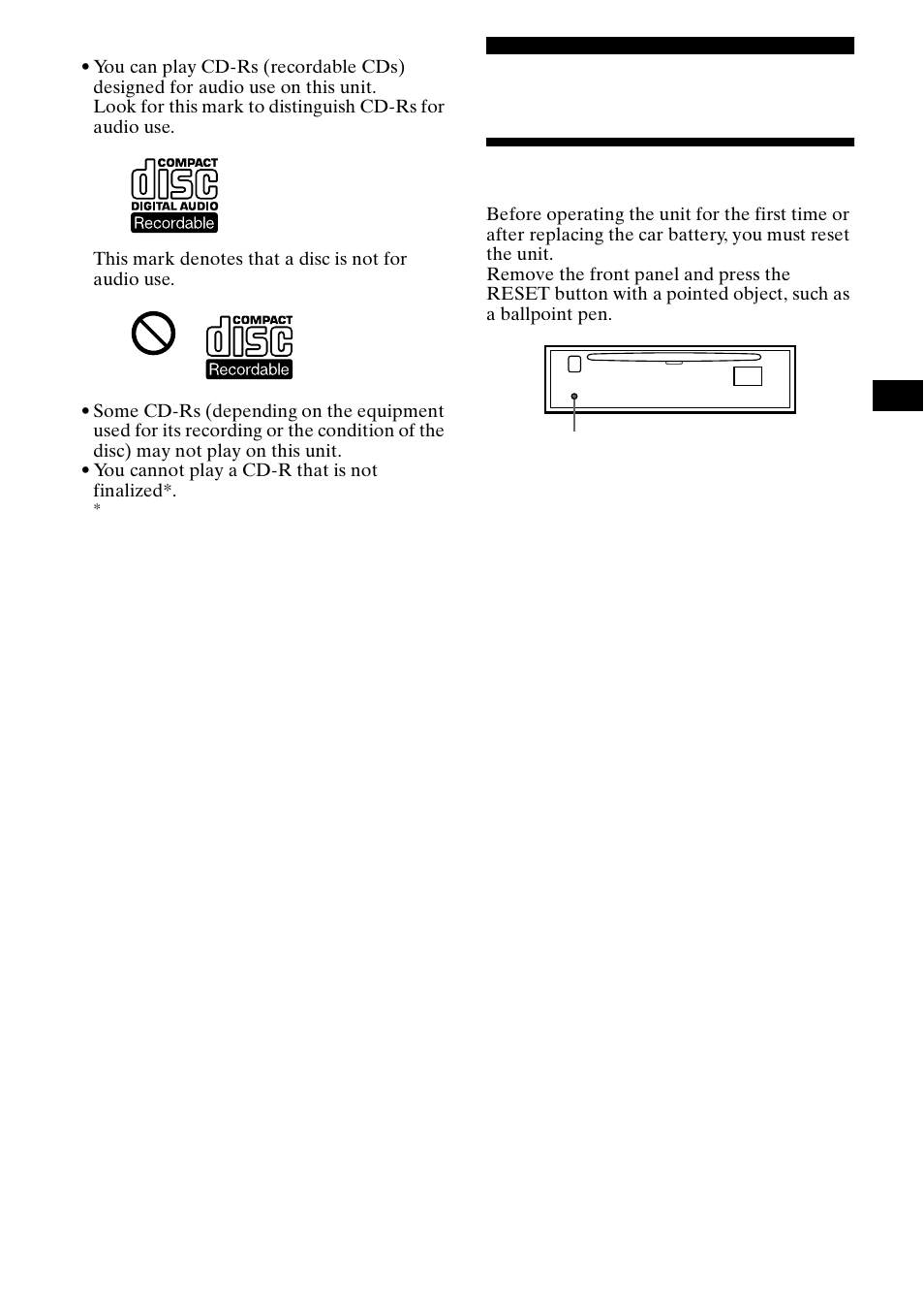 Getting started, Resetting the unit | Sony CDX-CA650V User Manual | Page 7 / 138