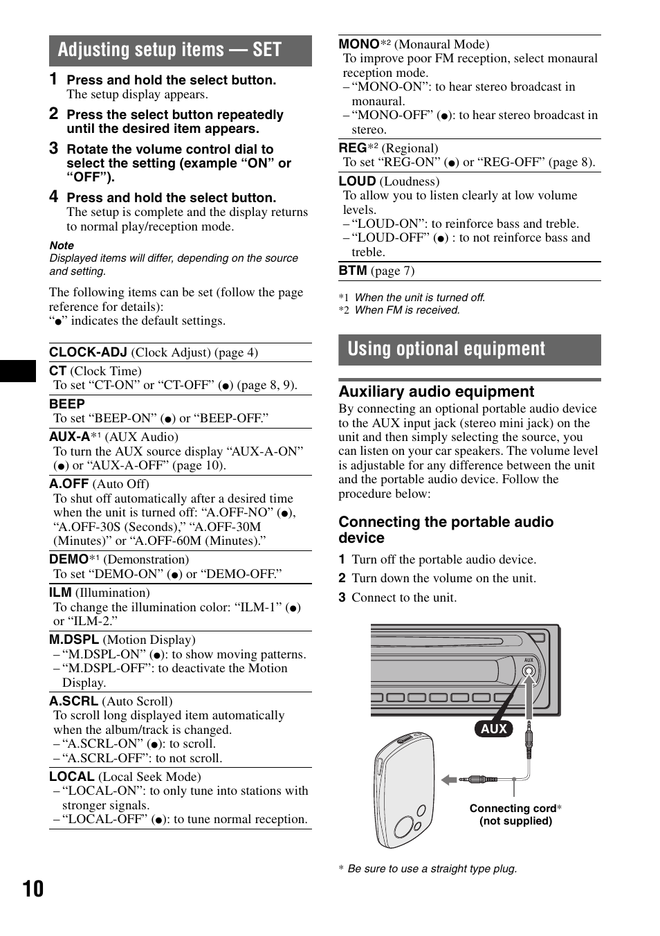 Adjusting setup items - set, Using optional equipment, Auxiliary audio equipment | Adjusting setup items — set | Sony CDX-GT215C User Manual | Page 10 / 88