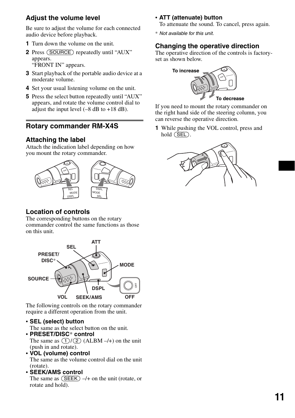 Rotary commander rm-x4s, Adjust the volume level, Attaching the label | Location of controls, Changing the operative direction | Sony CDX-GT215C User Manual | Page 11 / 88