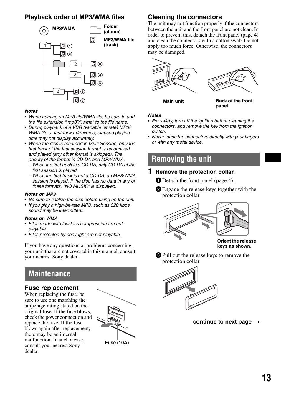 Maintenance, Removing the unit, Maintenance removing the unit | Playback order of mp3/wma files, Fuse replacement, Cleaning the connectors | Sony CDX-GT215C User Manual | Page 13 / 88