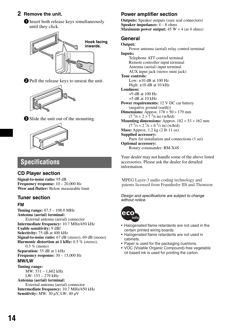 Specifications, General | Sony CDX-GT215C User Manual | Page 14 / 88