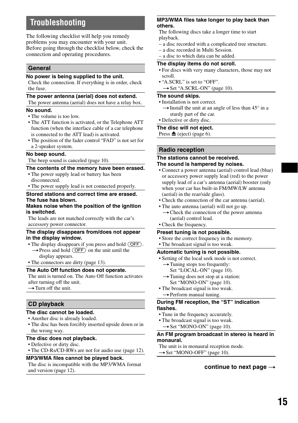 Troubleshooting | Sony CDX-GT215C User Manual | Page 15 / 88