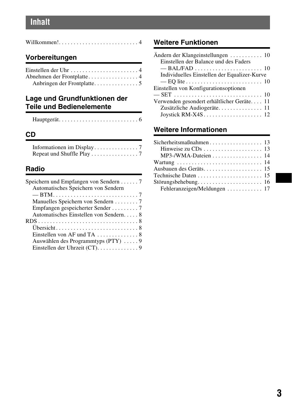 Inhalt | Sony CDX-GT215C User Manual | Page 19 / 88