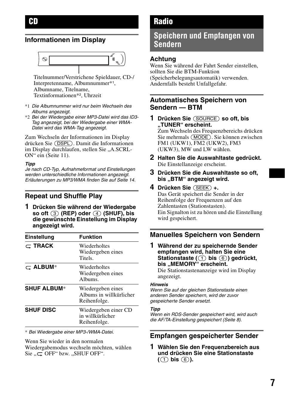 Informationen im display, Repeat und shuffle play, Radio | Speichern und empfangen von sendern, Automatisches speichern von sendern - btm, Manuelles speichern von sendern, Empfangen gespeicherter sender, Informationen im display repeat und shuffle play, Shuf 7, Radio speichern und empfangen von sendern | Sony CDX-GT215C User Manual | Page 23 / 88