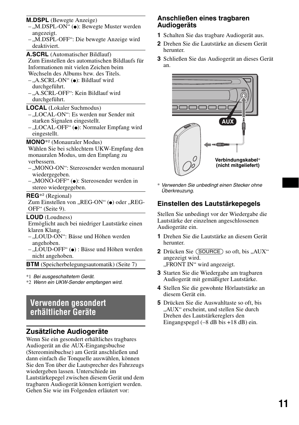 Verwenden gesondert erhältlicher geräte, Zusätzliche audiogeräte, T (seite 11) | Seite 11) | Sony CDX-GT215C User Manual | Page 27 / 88