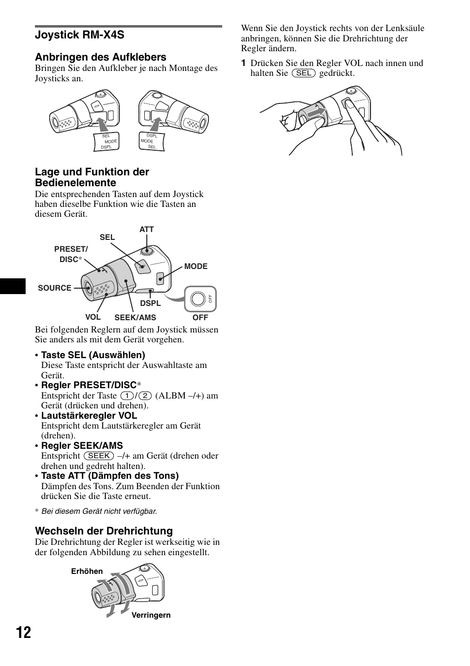 Joystick rm-x4s, Anbringen des aufklebers, Lage und funktion der bedienelemente | Wechseln der drehrichtung | Sony CDX-GT215C User Manual | Page 28 / 88