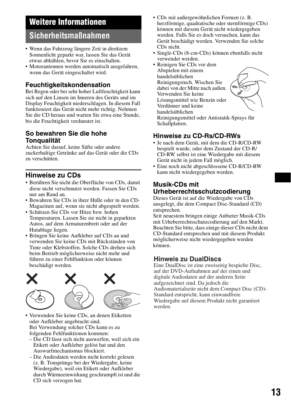 Weitere informationen, Sicherheitsmaßnahmen, Hinweise zu cds | Weitere informationen sicherheitsmaßnahmen | Sony CDX-GT215C User Manual | Page 29 / 88