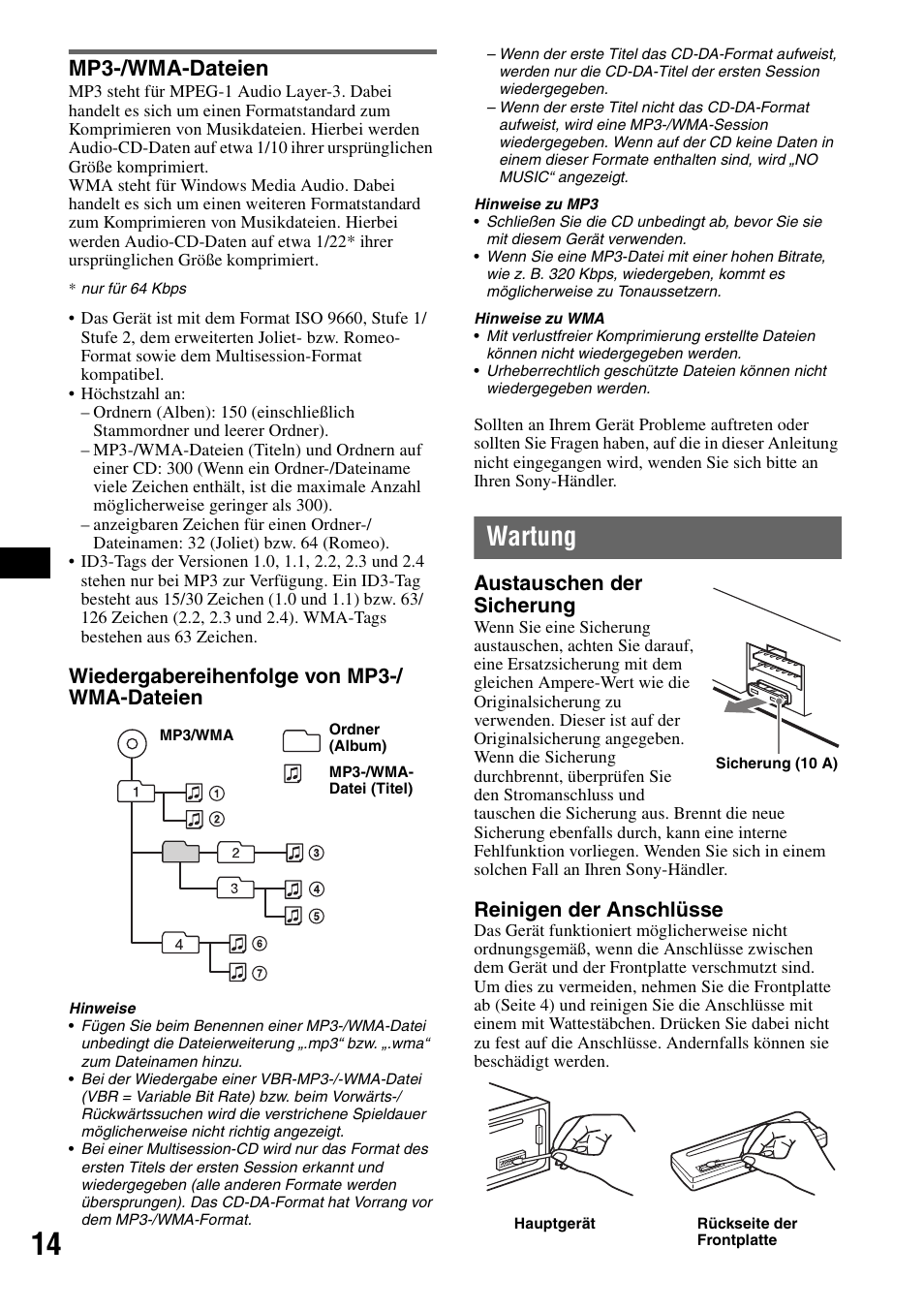 Mp3-/wma-dateien, Wartung, Wiedergabereihenfolge von mp3-/ wma-dateien | Austauschen der sicherung, Reinigen der anschlüsse | Sony CDX-GT215C User Manual | Page 30 / 88