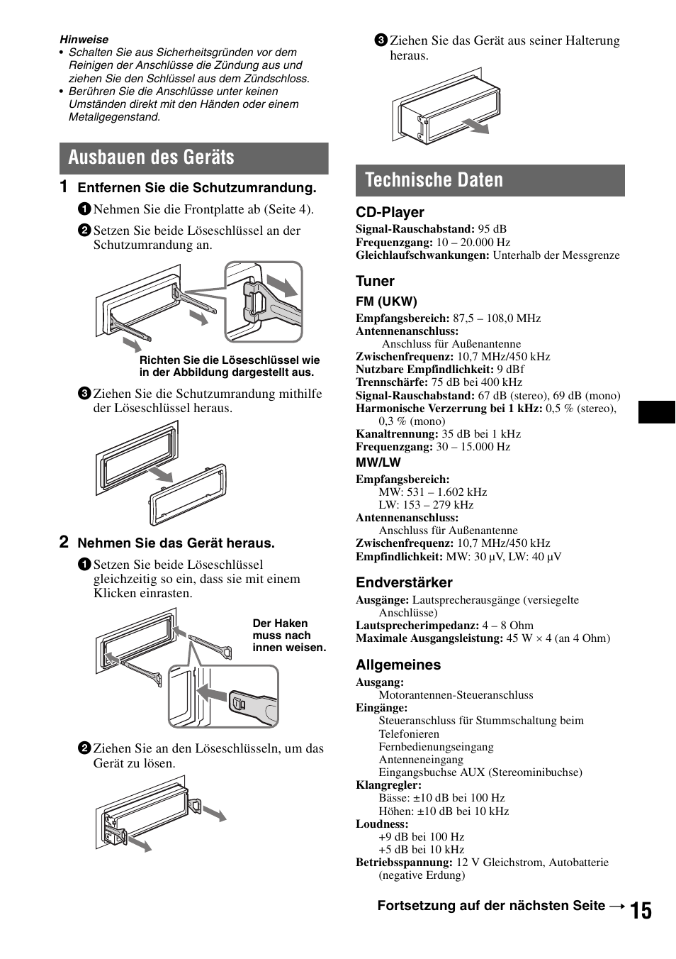 Ausbauen des geräts, Technische daten, Ausbauen des geräts technische daten | Sony CDX-GT215C User Manual | Page 31 / 88