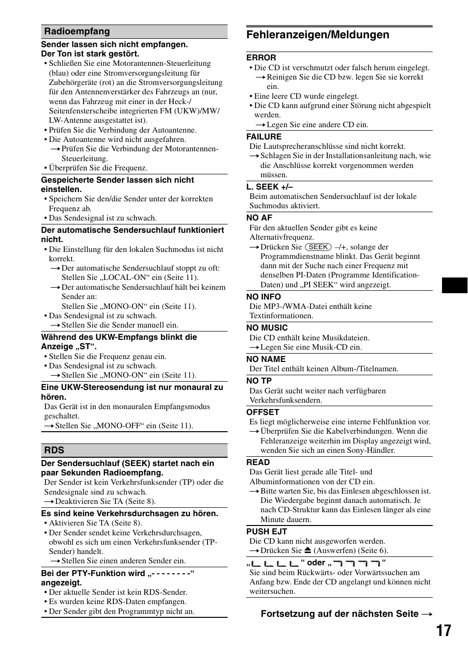 Fehleranzeigen/meldungen | Sony CDX-GT215C User Manual | Page 33 / 88