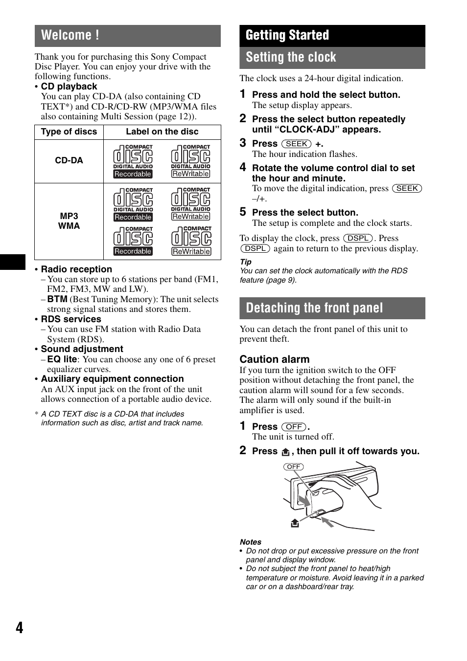 Welcome, Getting started, Setting the clock | Detaching the front panel, Setting the clock detaching the front panel, Getting started setting the clock | Sony CDX-GT215C User Manual | Page 4 / 88