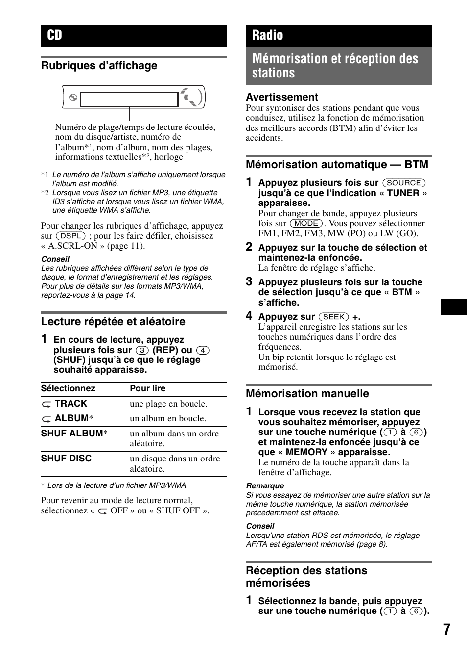 Rubriques d’affichage, Lecture répétée et aléatoire, Radio | Mémorisation et réception des stations, Mémorisation automatique - btm, Mémorisation manuelle, Réception des stations mémorisées, Rubriques d’affichage lecture répétée et aléatoire, Shuf 7, Radio mémorisation et réception des stations | Sony CDX-GT215C User Manual | Page 41 / 88