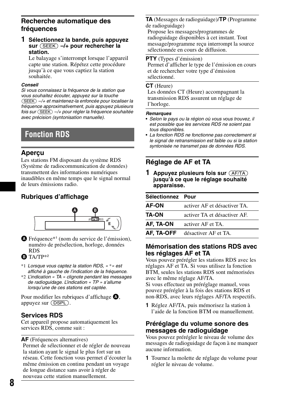 Recherche automatique des fréquences, Fonction rds, Aperçu | Réglage de af et ta, Aperçu réglage de af et ta, Morisée | Sony CDX-GT215C User Manual | Page 42 / 88