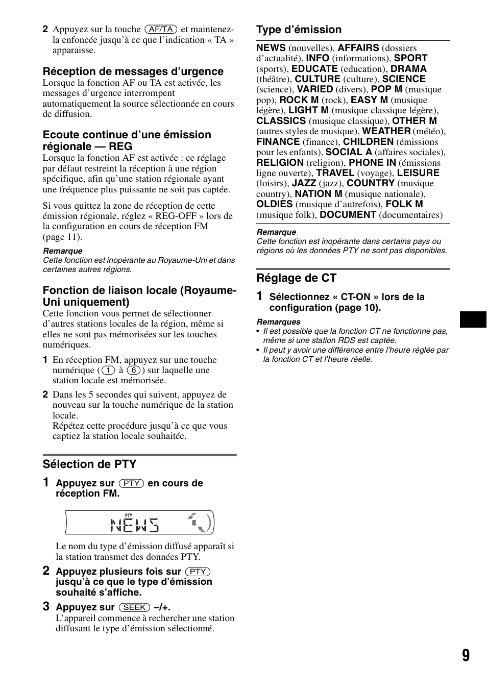 Sélection de pty, Réglage de ct, Sélection de pty réglage de ct | Sony CDX-GT215C User Manual | Page 43 / 88