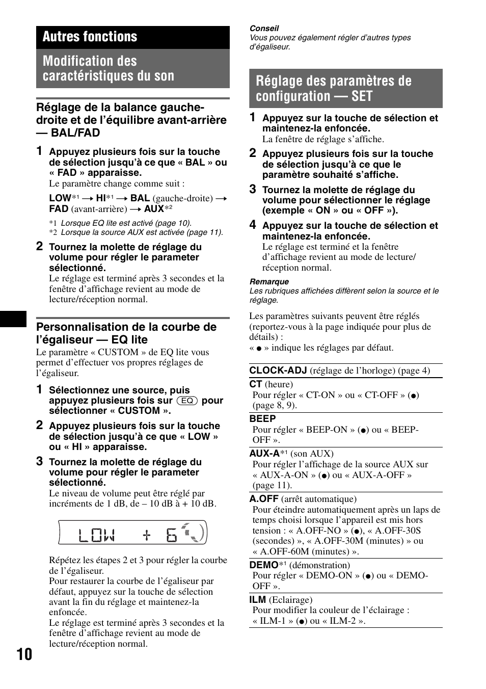 Autres fonctions, Modification des caractéristiques du son, Réglage des paramètres de configuration - set | Réglage des paramètres de configuration — set | Sony CDX-GT215C User Manual | Page 44 / 88