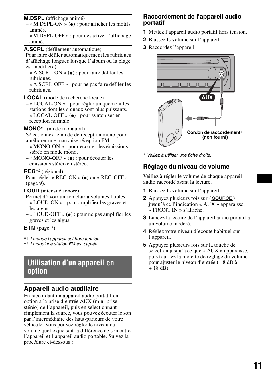 Utilisation d’un appareil en option, Appareil audio auxiliaire, X 11 | Sony CDX-GT215C User Manual | Page 45 / 88