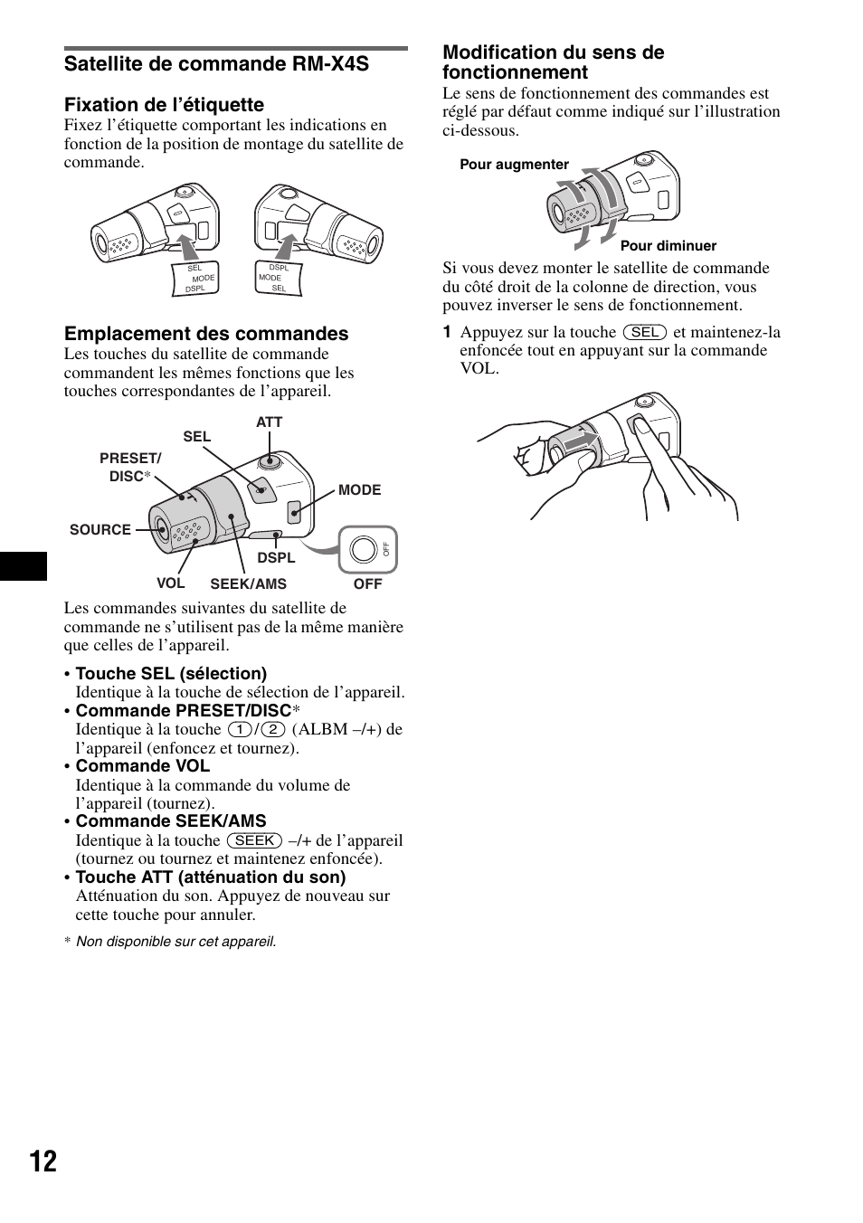 Satellite de commande rm-x4s, Fixation de l’étiquette, Emplacement des commandes | Modification du sens de fonctionnement | Sony CDX-GT215C User Manual | Page 46 / 88