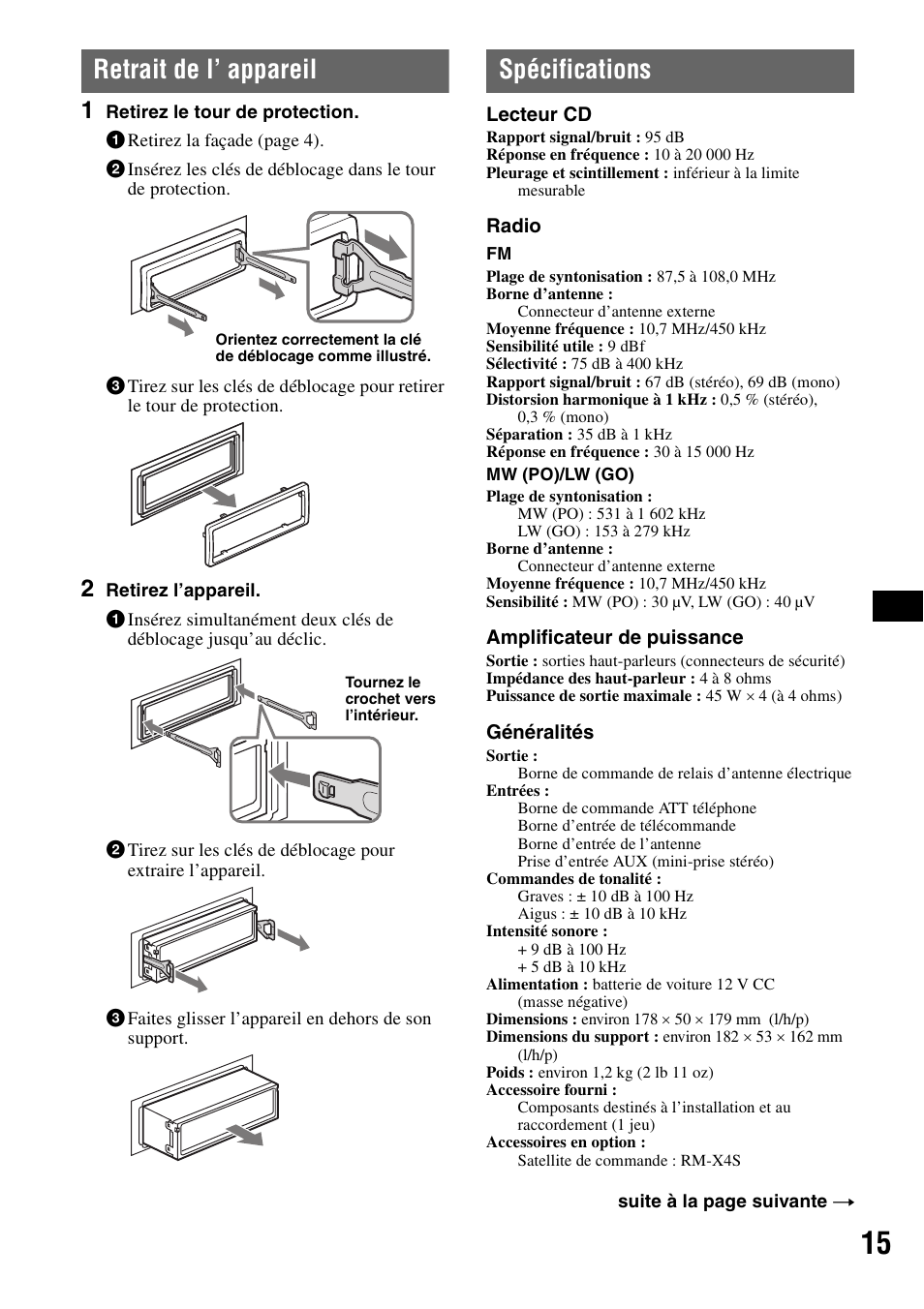 Retrait de l’ appareil, Spécifications, Retrait de l’ appareil spécifications | Sony CDX-GT215C User Manual | Page 49 / 88