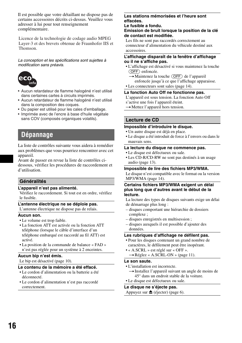 Dépannage | Sony CDX-GT215C User Manual | Page 50 / 88