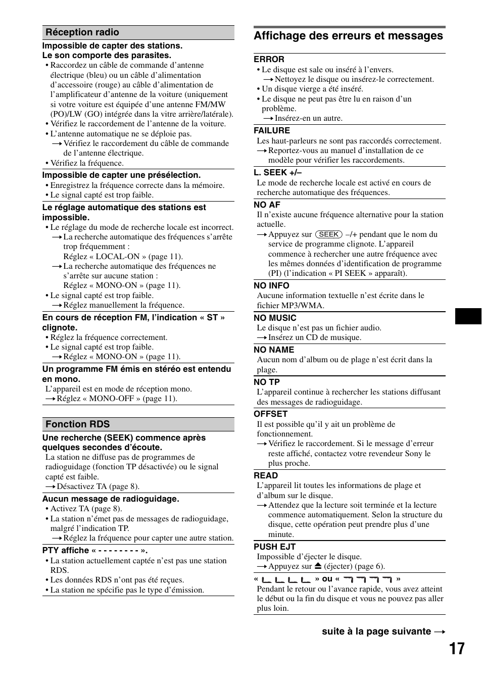 Affichage des erreurs et messages | Sony CDX-GT215C User Manual | Page 51 / 88