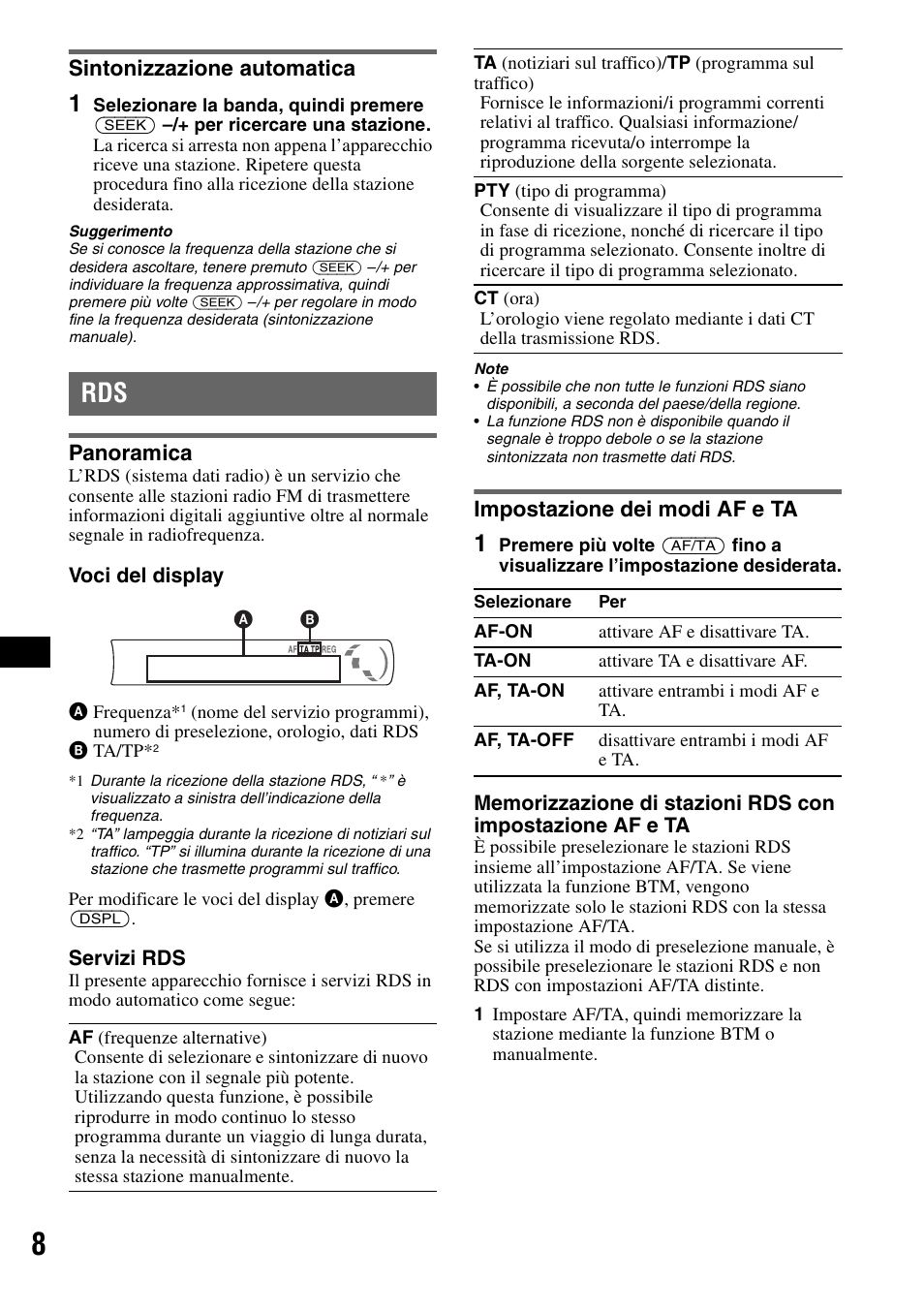 Sintonizzazione automatica, Panoramica, Impostazione dei modi af e ta | Panoramica impostazione dei modi af e ta | Sony CDX-GT215C User Manual | Page 60 / 88
