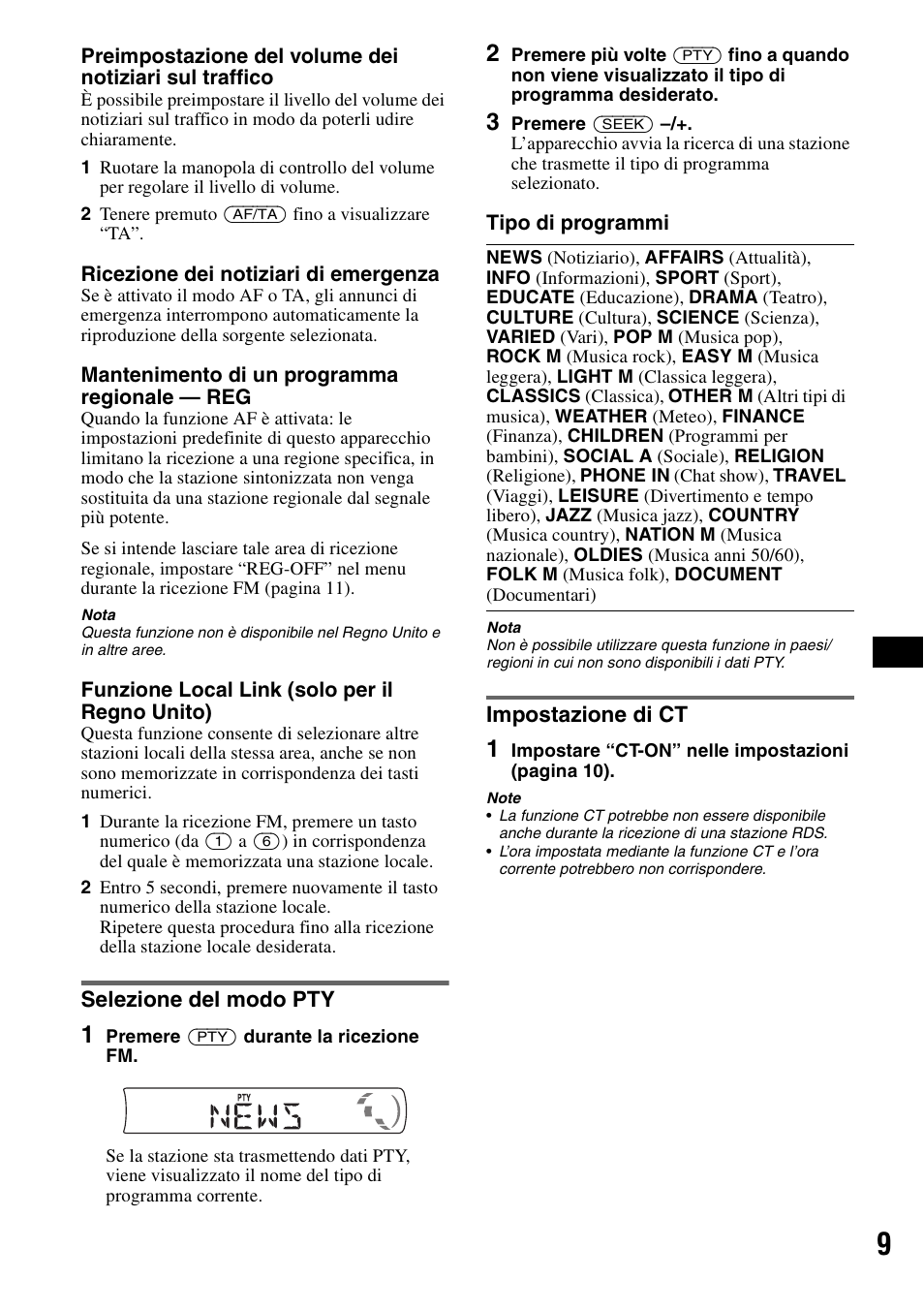 Selezione del modo pty, Impostazione di ct, Selezione del modo pty impostazione di ct | Sony CDX-GT215C User Manual | Page 61 / 88