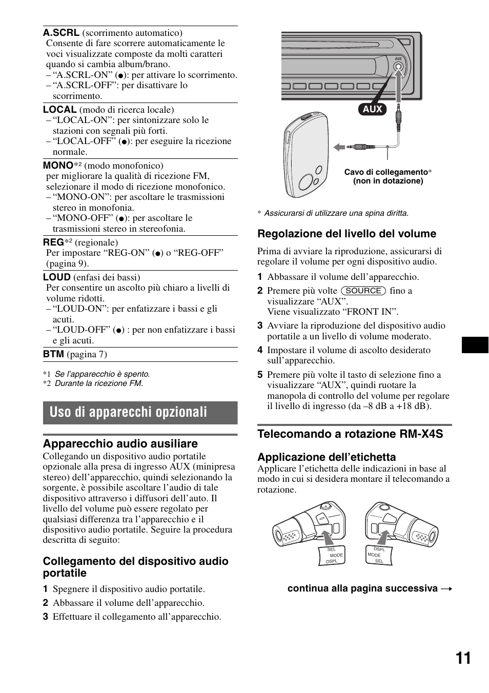 Uso di apparecchi opzionali, Apparecchio audio ausiliare, Telecomando a rotazione rm-x4s | Collegamento del dispositivo audio portatile, Regolazione del livello del volume, Applicazione dell’etichetta | Sony CDX-GT215C User Manual | Page 63 / 88