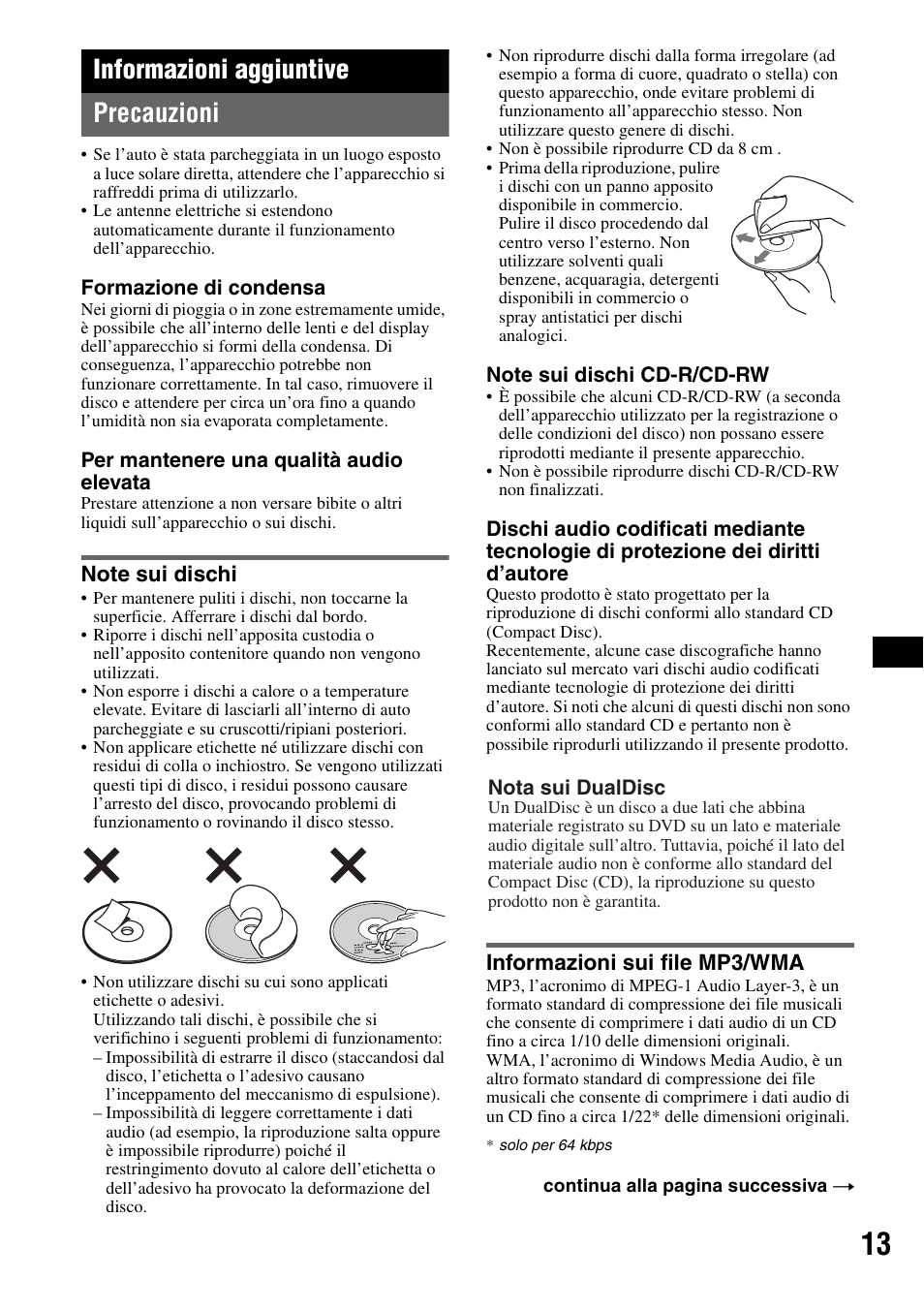 Informazioni aggiuntive, Precauzioni, Note sui dischi | Informazioni sui file mp3/wma, Note sui dischi informazioni sui file mp3/wma, Informazioni aggiuntive precauzioni | Sony CDX-GT215C User Manual | Page 65 / 88