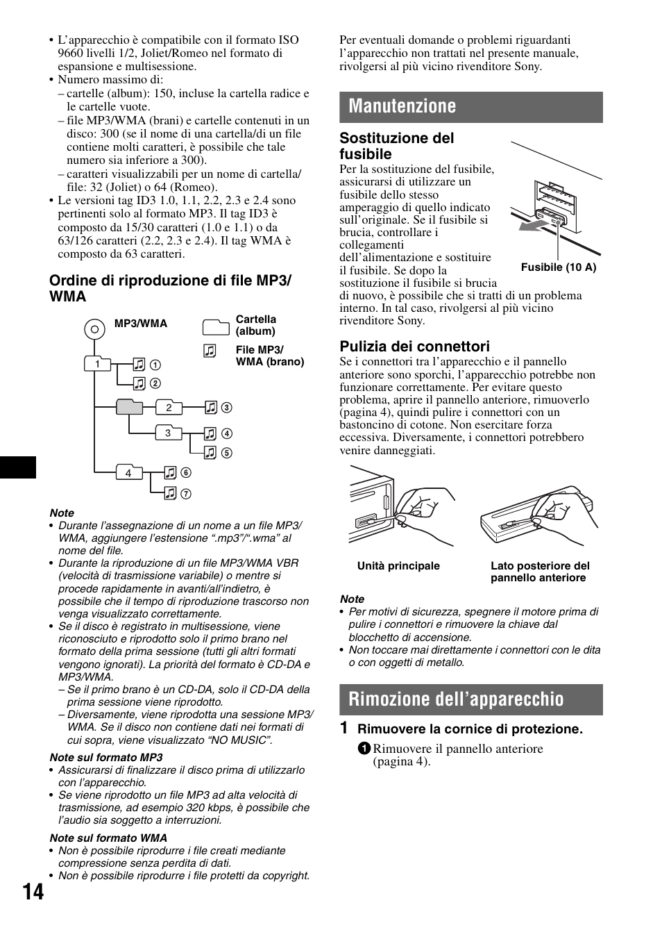 Manutenzione, Rimozione dell’apparecchio, Manutenzione rimozione dell’apparecchio | Ordine di riproduzione di file mp3/ wma, Sostituzione del fusibile, Pulizia dei connettori | Sony CDX-GT215C User Manual | Page 66 / 88