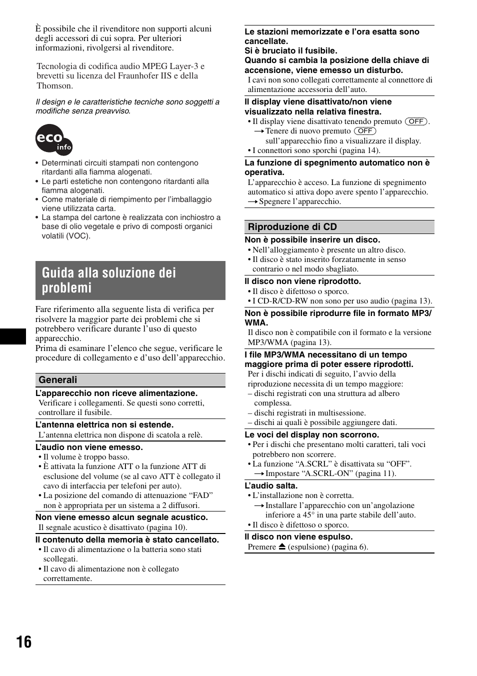 Guida alla soluzione dei problemi | Sony CDX-GT215C User Manual | Page 68 / 88