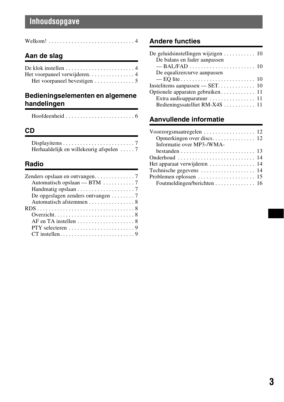 Inhoudsopgave | Sony CDX-GT215C User Manual | Page 73 / 88