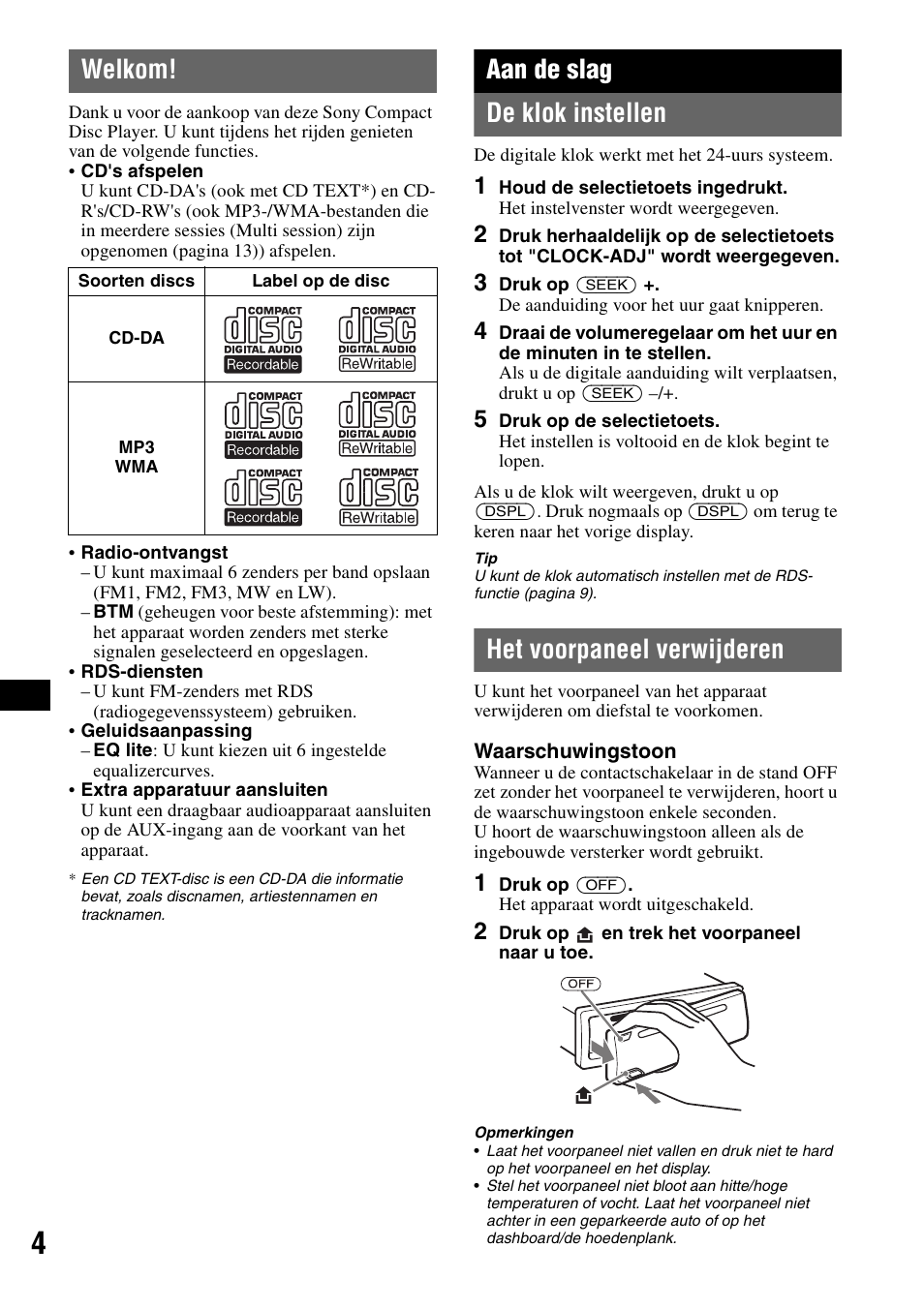 Welkom, Aan de slag, De klok instellen | Het voorpaneel verwijderen, De klok instellen het voorpaneel verwijderen, Aan de slag de klok instellen | Sony CDX-GT215C User Manual | Page 74 / 88