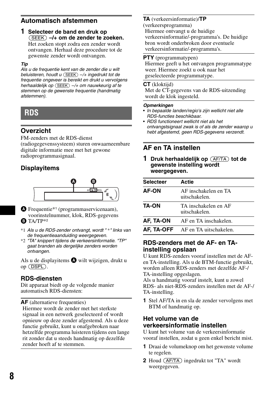 Automatisch afstemmen, Overzicht, Af en ta instellen | Overzicht af en ta instellen | Sony CDX-GT215C User Manual | Page 78 / 88