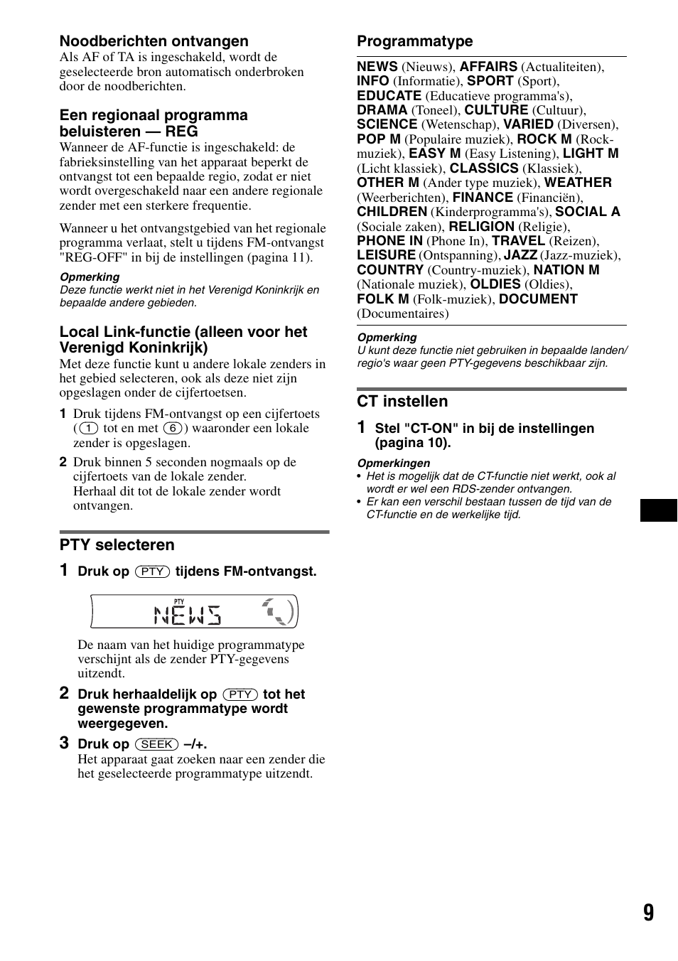 Pty selecteren, Ct instellen, Pty selecteren ct instellen | Sony CDX-GT215C User Manual | Page 79 / 88