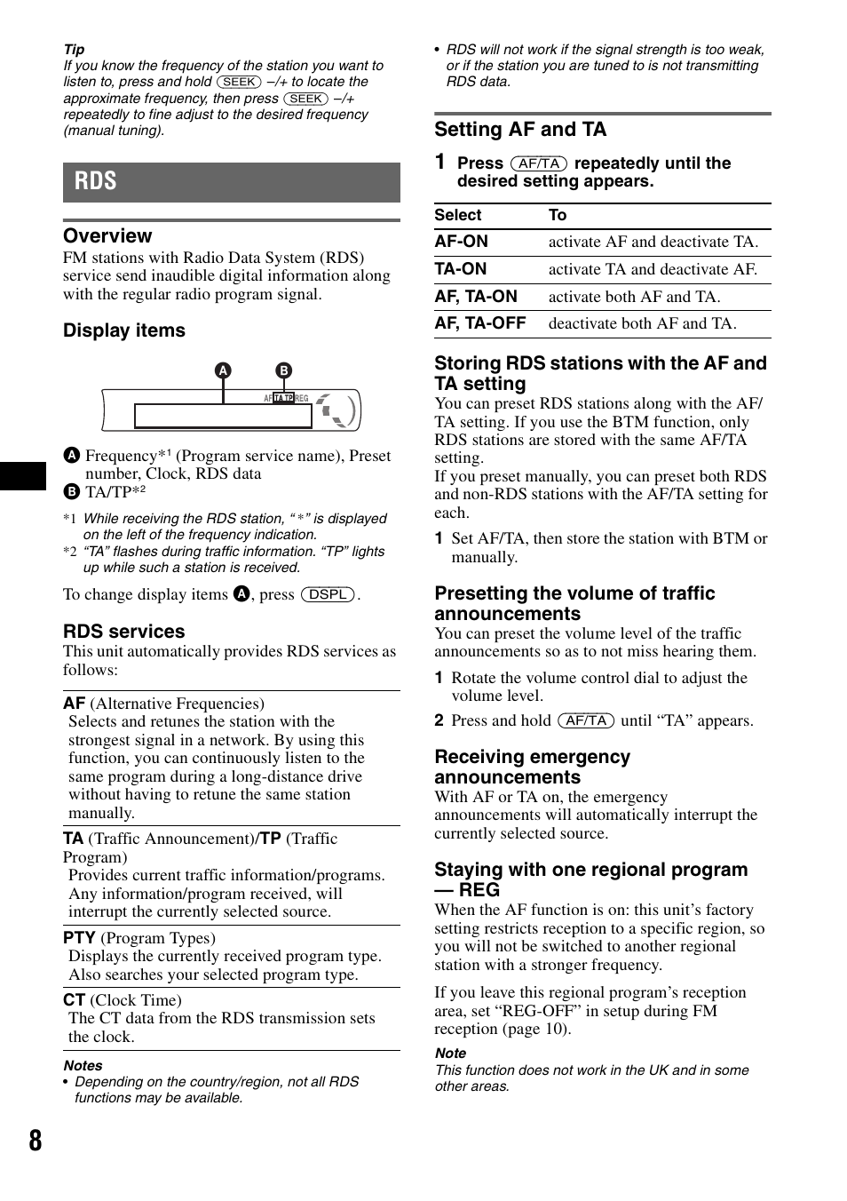 Overview, Setting af and ta, Overview setting af and ta | Sony CDX-GT215C User Manual | Page 8 / 88