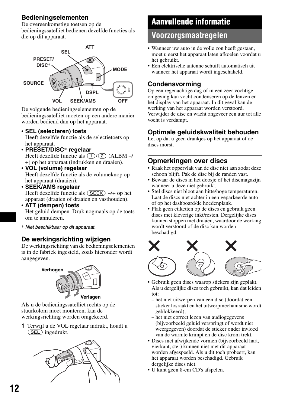 Aanvullende informatie, Voorzorgsmaatregelen, Opmerkingen over discs | Aanvullende informatie voorzorgsmaatregelen | Sony CDX-GT215C User Manual | Page 82 / 88