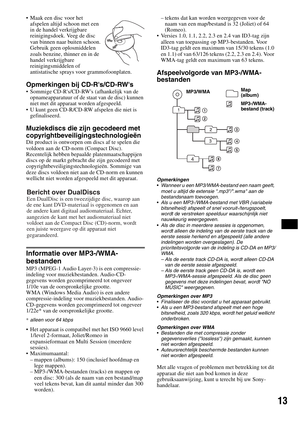 Informatie over mp3-/wma- bestanden, Opmerkingen bij cd-r's/cd-rw's, Afspeelvolgorde van mp3-/wma- bestanden | Bericht over dualdiscs | Sony CDX-GT215C User Manual | Page 83 / 88