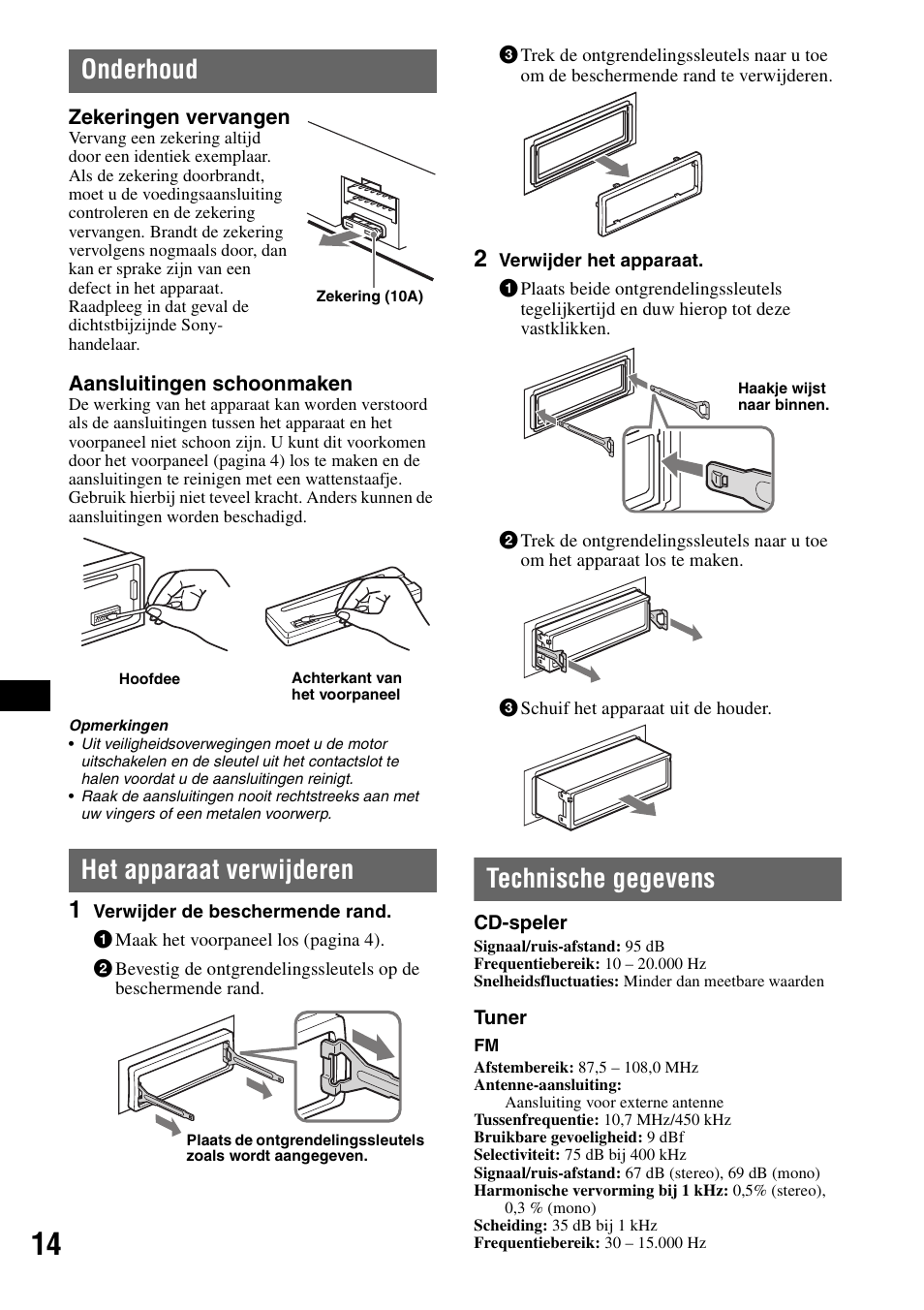 Onderhoud, Het apparaat verwijderen, Technische gegevens | Sony CDX-GT215C User Manual | Page 84 / 88
